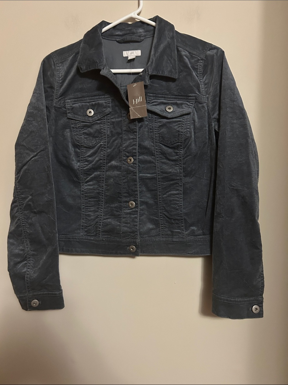 J-Jill cotton/rayon  blue  brushed finish jacket silver tone trim BWT size XS